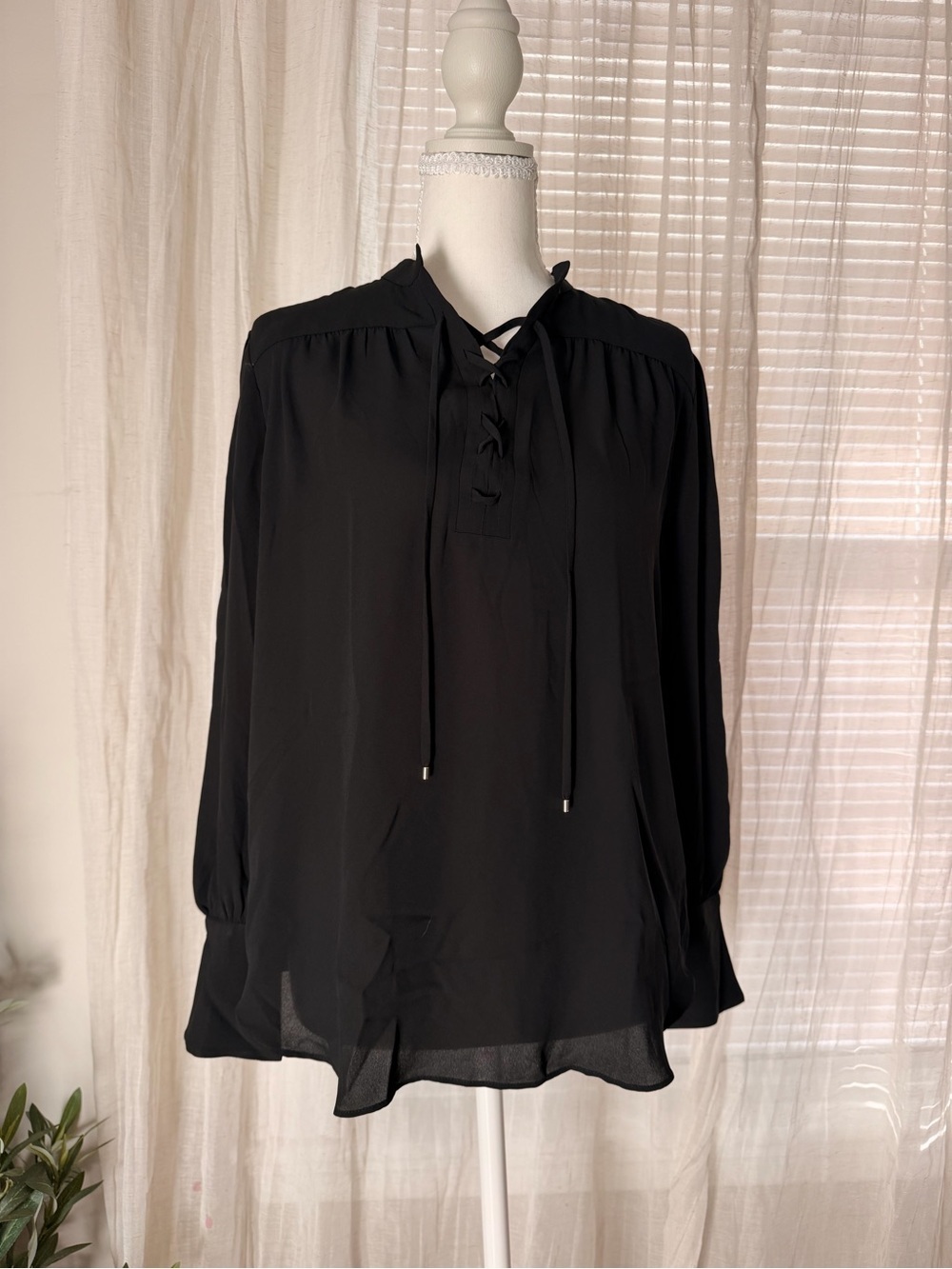 Ann Taylor Black Lace-Up V-Neck Ruffle Cuff Blouse